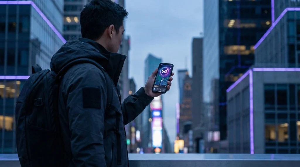 Traveler using mobile data in the USA with a travel eSIM.