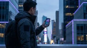 Traveler using mobile data in the USA with a travel eSIM.