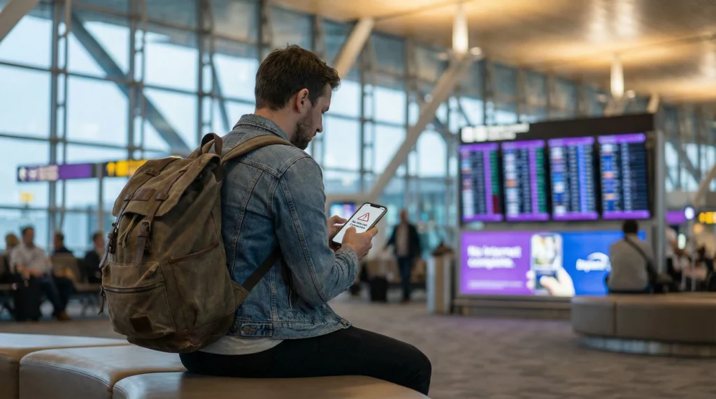 Traveler in USA checking phone with signal but no internet using eSIM