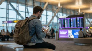 Traveler in USA checking phone with signal but no internet using eSIM