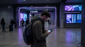 Traveler checking phone showing no mobile data connection while abroad.