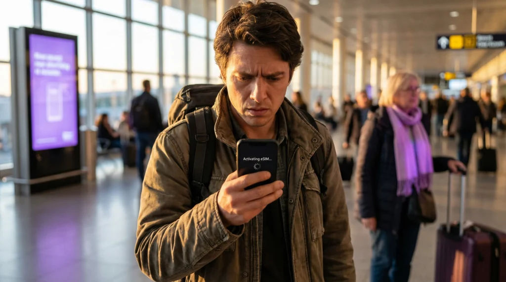 Traveler waiting for eSIM activation on phone