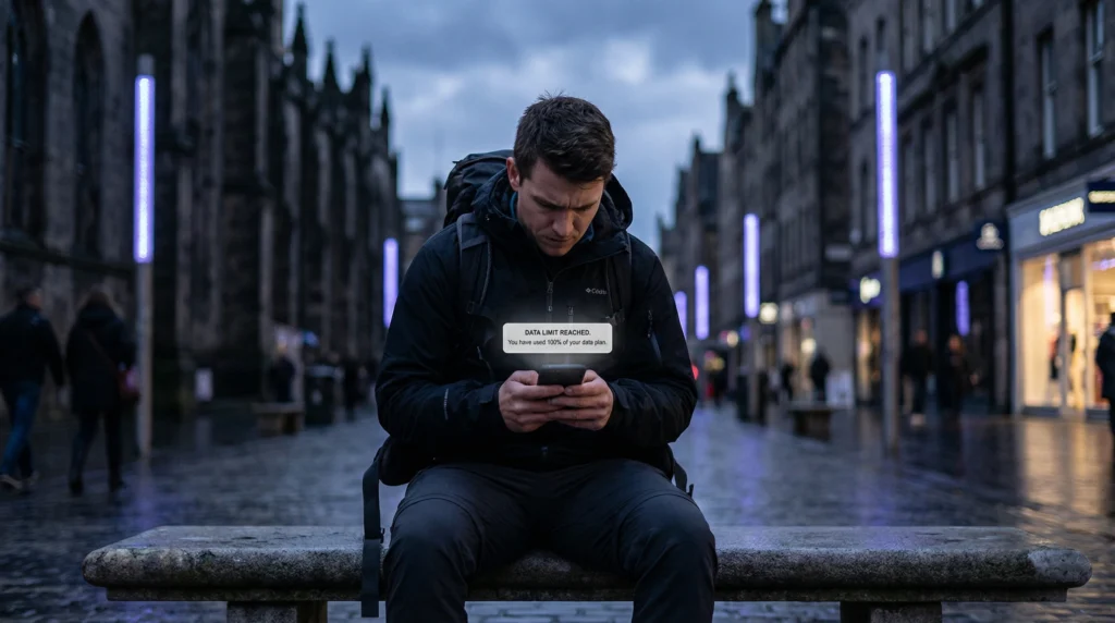 Traveler seeing data limit reached notification on smartphone while traveling.