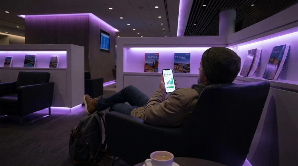 Traveler checking mobile data usage on smartphone during a trip.