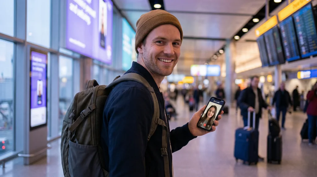 Traveler using WhatsApp call on smartphone with eSIM data abroad