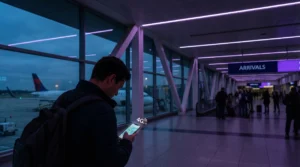 Traveler checking mobile data immediately after landing at the airport.