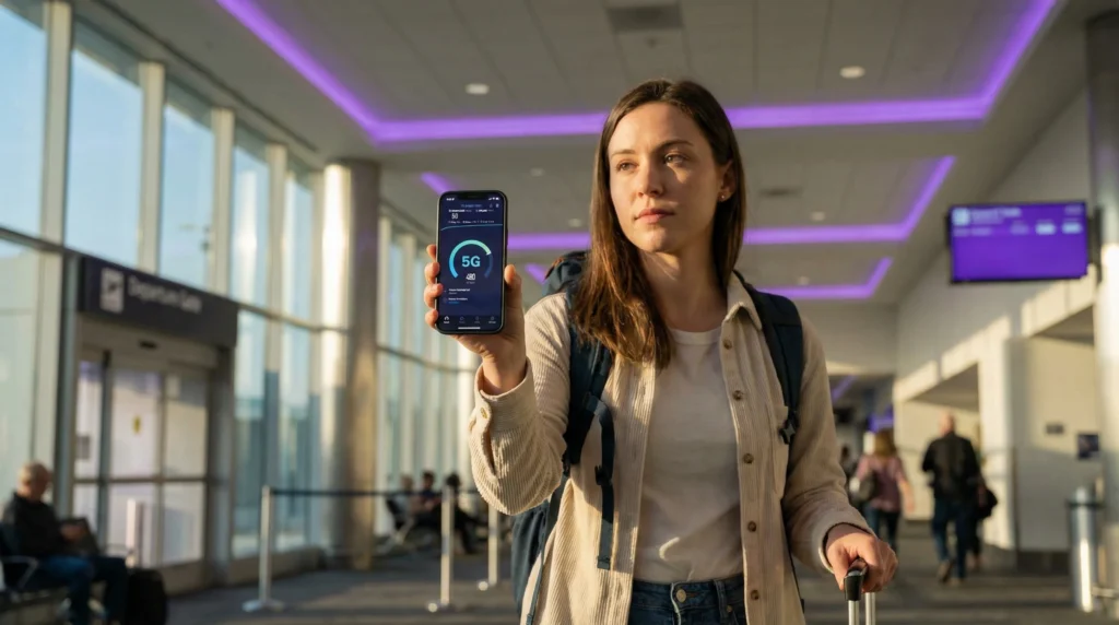 Traveler testing eSIM speed at airport