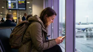 Traveler using unlimited eSIM data while waiting at airport
