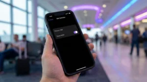 Smartphone screen showing switching between primary SIM and travel eSIM while traveling.