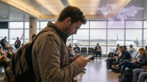 Traveler comparing international eSIM plans on phone at airport