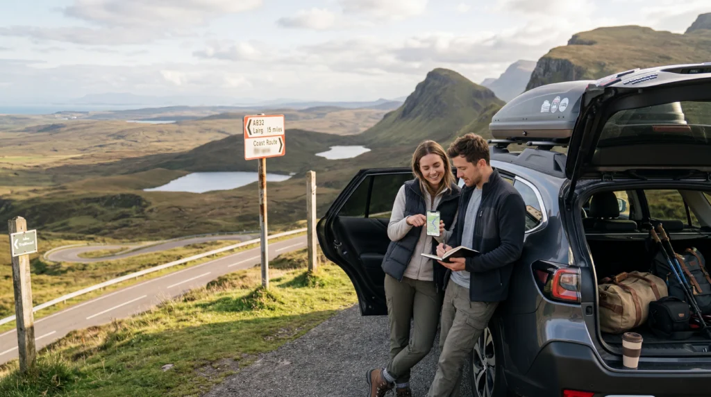 Travelers on a road trip using mobile data navigation with eSIM while driving across multiple destinations