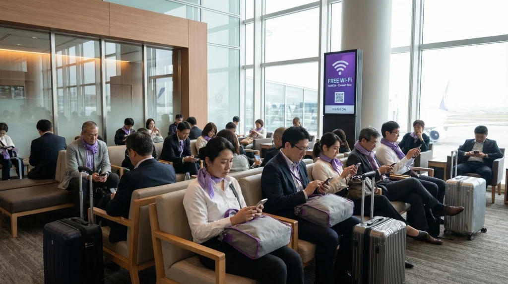 Passengers using free WiFi on smartphones inside Haneda Airport terminal