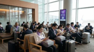 Passengers using free WiFi on smartphones inside Haneda Airport terminal