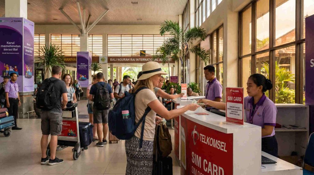 Tourist buying prepaid SIM card at Bali airport Indonesia