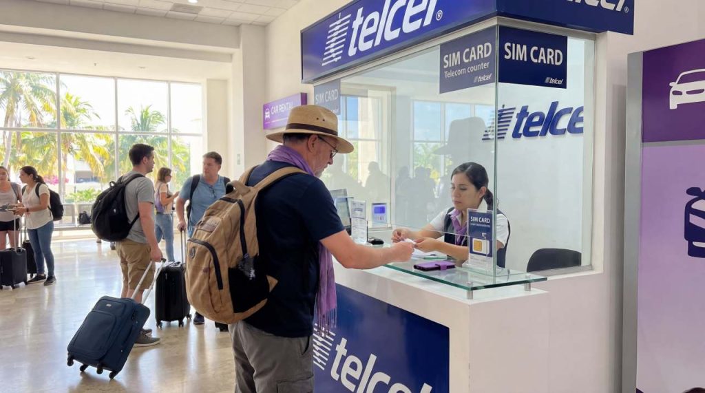 Tourist buying prepaid SIM card at Cancun International Airport Mexico