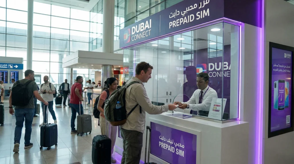 Tourist buying prepaid SIM card at Dubai International Airport