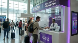 Tourist buying prepaid SIM card at Dubai International Airport