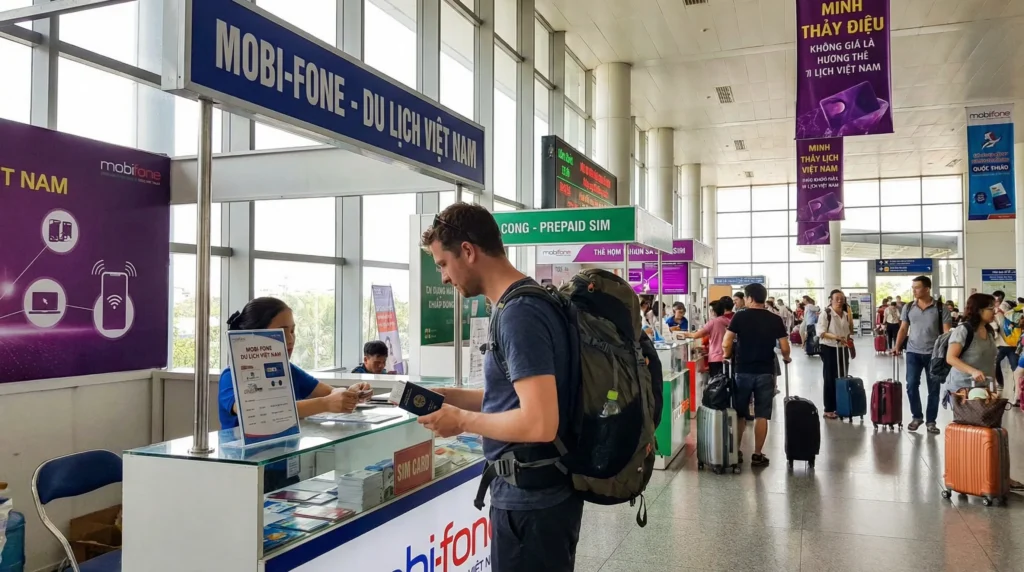 Tourist buying prepaid SIM card at Hanoi airport Vietnam