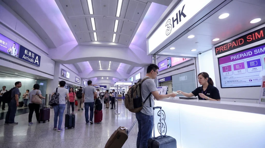 Tourist buying prepaid SIM card at Hong Kong International Airport