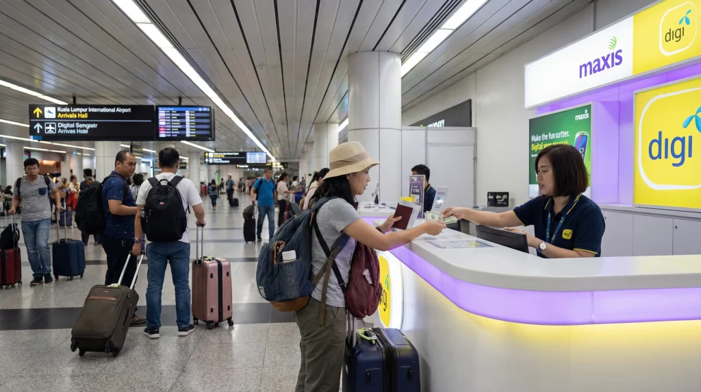 Tourist buying prepaid SIM card at Kuala Lumpur International Airport Malaysia