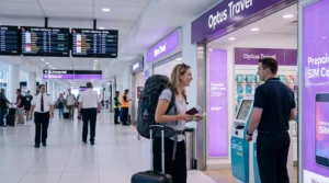 Tourist buying prepaid SIM card at Sydney Airport arrivals hall in Australia.
