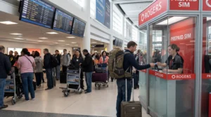 Tourist buying prepaid SIM card at Toronto Pearson Airport arrivals hall in Canada