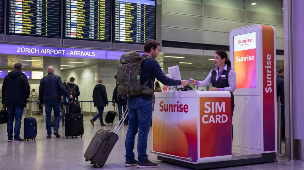 Tourist buying prepaid SIM card at Zurich Airport arrivals hall in Switzerland.