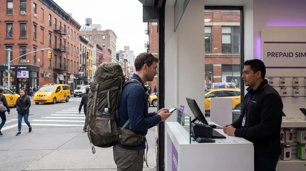 Tourist buying prepaid SIM card at mobile store in New York City USA