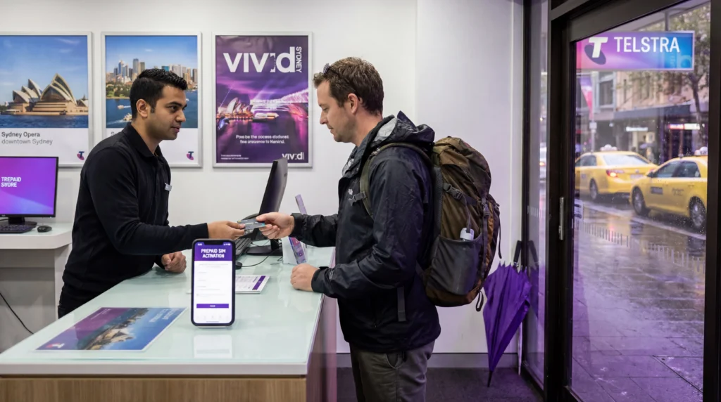 Tourist buying prepaid SIM card at mobile store in Sydney Australia travel destination.