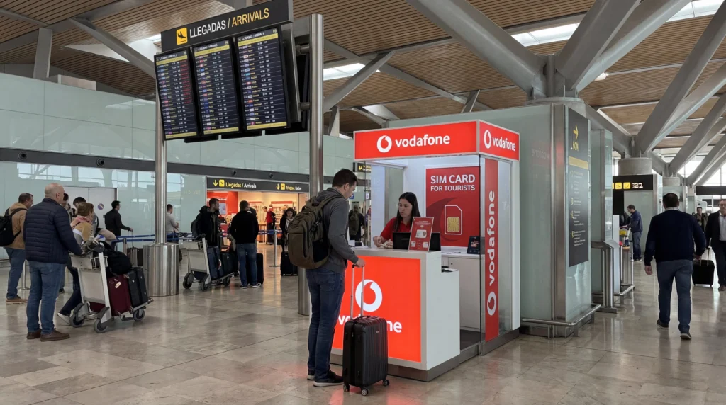 Tourist buying prepaid SIM card at telecom shop inside Barcelona El Prat Airport arrivals hall in Spain