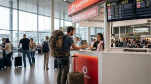 Tourist buying prepaid SIM card at telecom shop inside Barcelona airport arrivals hall in Spain