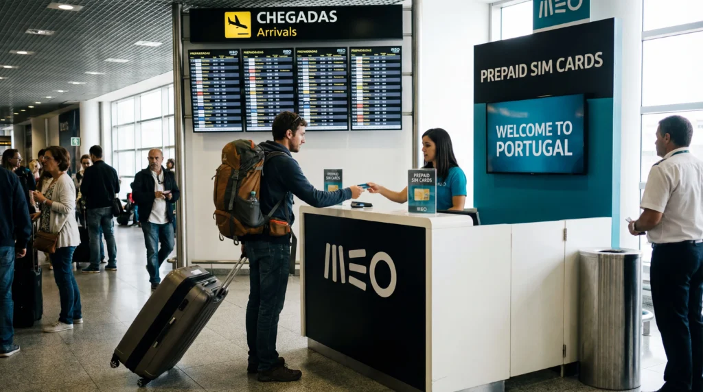 Tourist buying prepaid SIM card at telecom shop inside Lisbon airport arrivals hall in Portugal