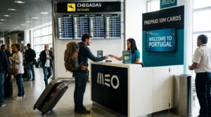 Tourist buying prepaid SIM card at telecom shop inside Lisbon airport arrivals hall in Portugal
