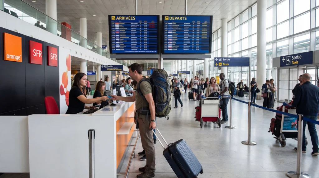 Tourist buying prepaid SIM card at telecom shop inside Paris Charles de Gaulle airport arrivals hall in France