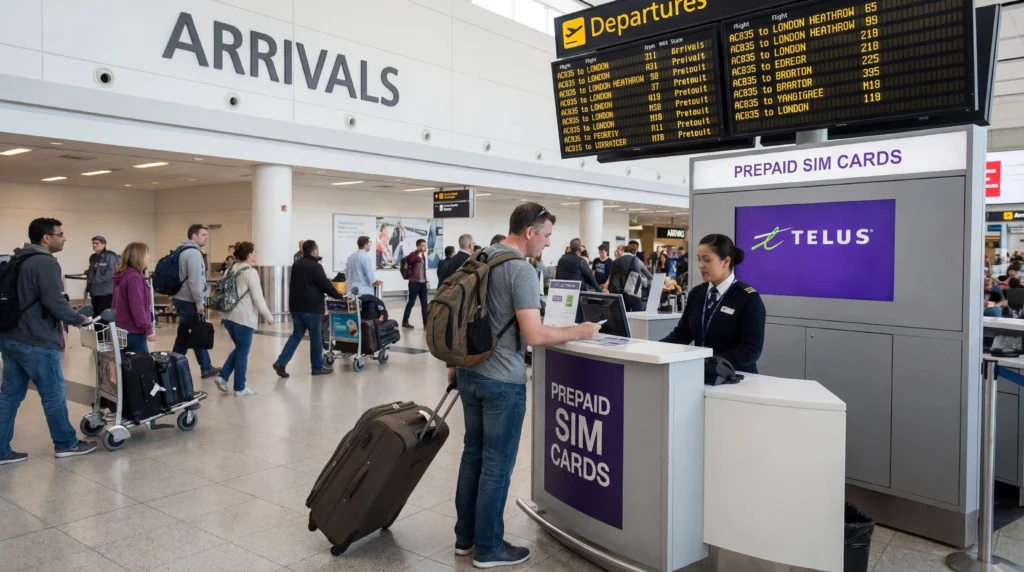 Tourist buying prepaid SIM card at telecom store in Toronto airport arrivals hall Canada.