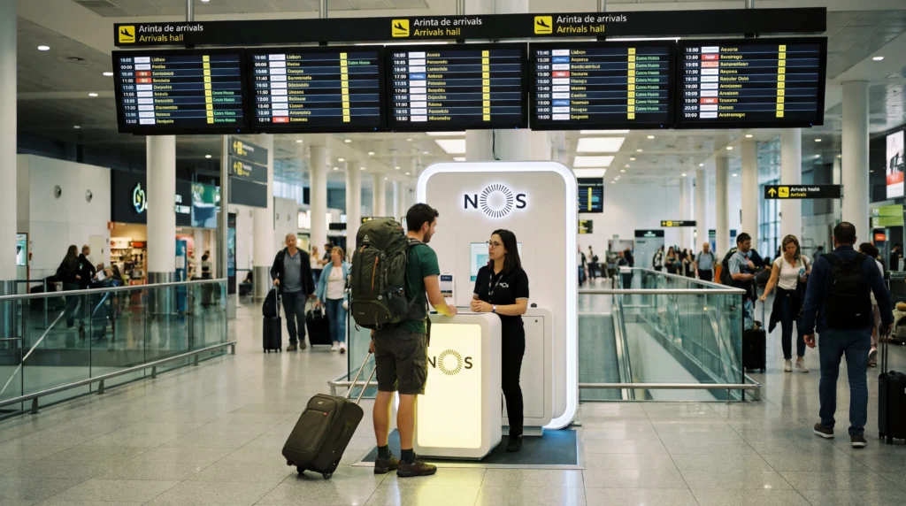 Tourist buying prepaid SIM card at telecom store inside Lisbon airport arrivals hall in Portugal