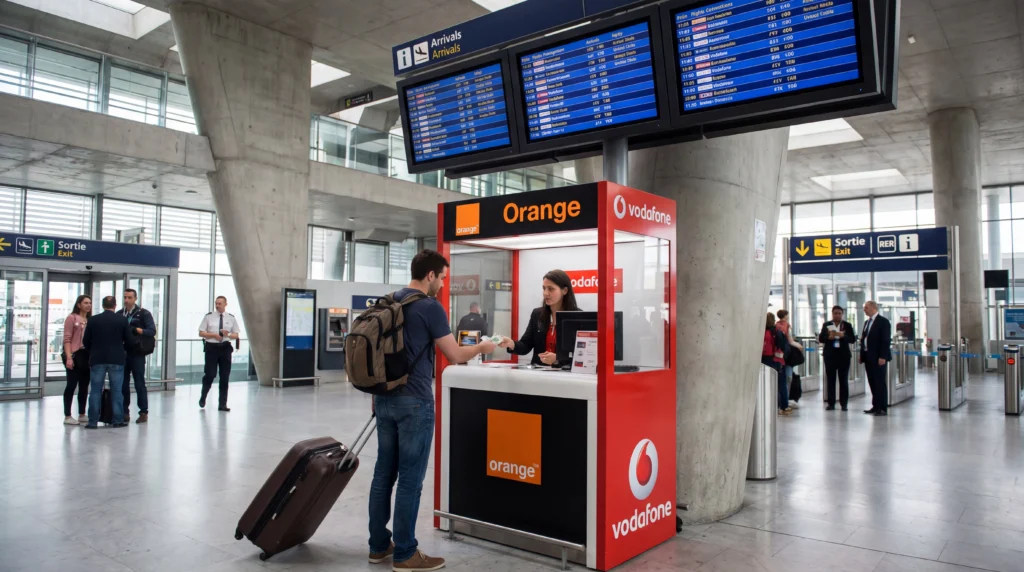 Tourist buying prepaid SIM card at telecom store inside Paris Charles de Gaulle airport arrivals hall in France