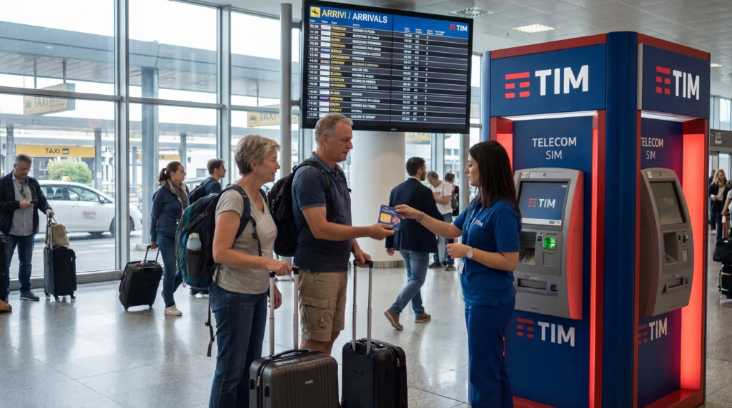 Tourist buying prepaid SIM card at telecom store inside Rome Fiumicino airport arrivals hall in Italy