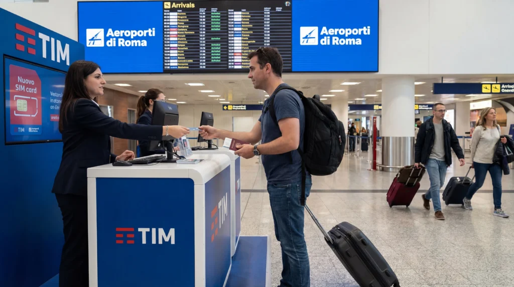 Tourist buying prepaid SIM card at telecom store inside Rome Fiumicino airport arrivals hall in Italy