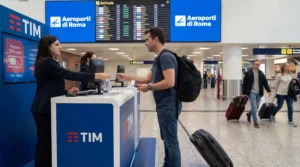 Tourist buying prepaid SIM card at telecom store inside Rome Fiumicino airport arrivals hall in Italy