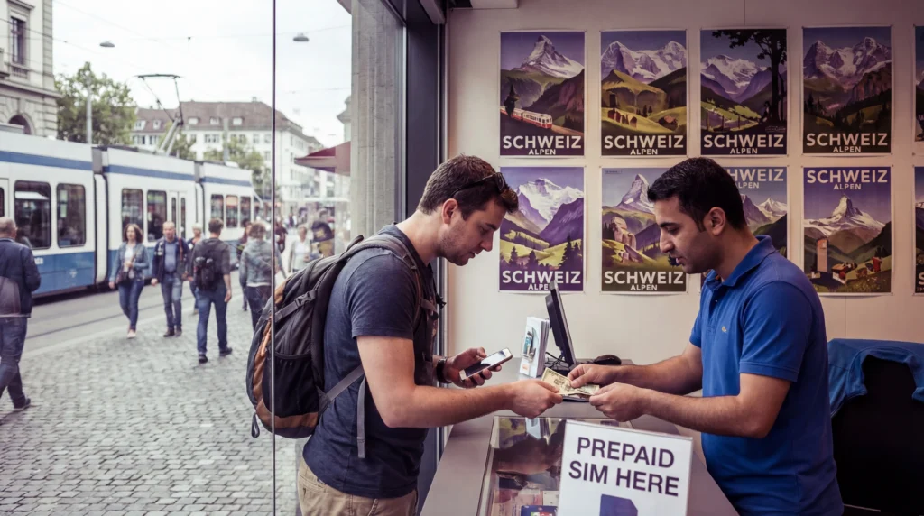 Tourist buying prepaid SIM card in Zurich Switzerland travel destination
