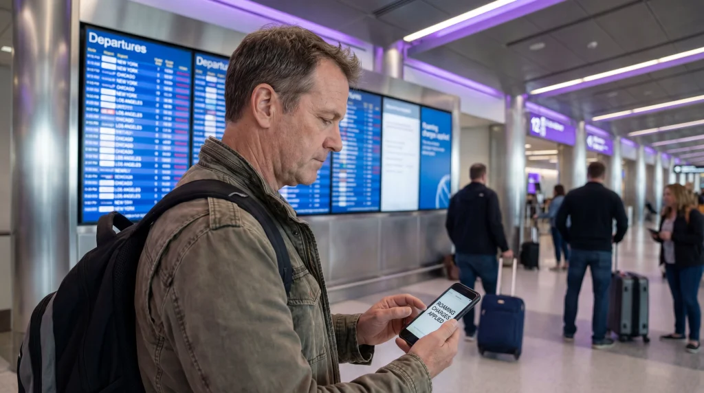 Tourist checking roaming charges on smartphone at US airport