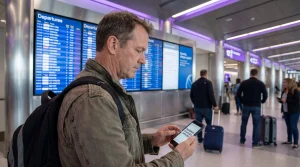Tourist checking roaming charges on smartphone at US airport