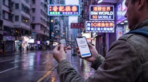 Tourist comparing local SIM card and eSIM on smartphone in Hong Kong street.