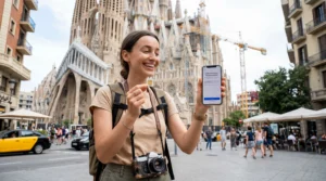 Tourist comparing local SIM card and eSIM on smartphone near Sagrada Familia in Barcelona Spain