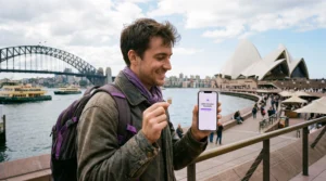 Tourist comparing local SIM card and eSIM on smartphone near Sydney Opera House in Australia.