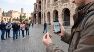 Tourist comparing local SIM card and eSIM on smartphone near the Colosseum in Rome Italy