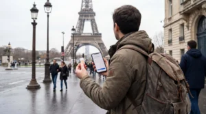 Tourist comparing local SIM card and eSIM on smartphone near the Eiffel Tower in Paris France