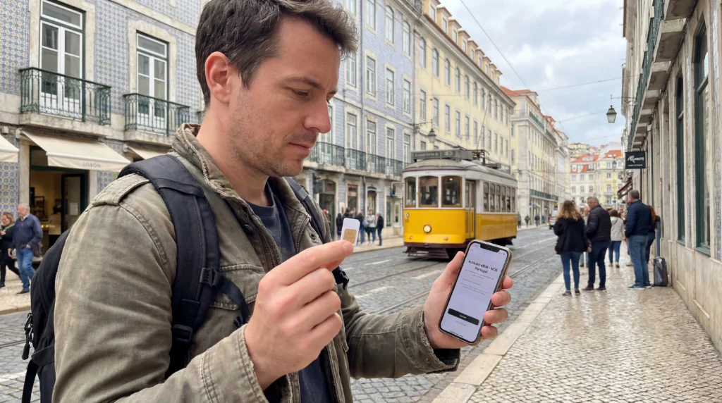 Tourist comparing local SIM card and eSIM on smartphone on a street in Lisbon Portugal