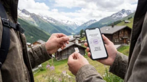 Tourist comparing local SIM card and eSIM on smartphone while traveling in the Swiss Alps Switzerland